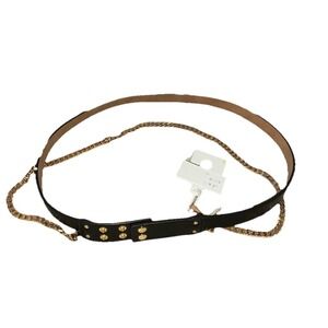 A New Day Double Belt‎ Women's S Black Gold Faux Leather Metal Chain 28" NEW
